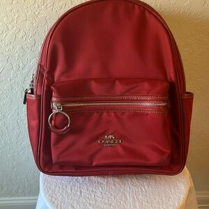 Coach: Red (CA210) Ellis Nylon Backpack- Leather Trim- Silver tone- Padded